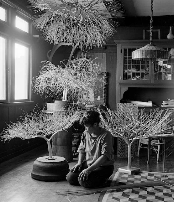 Asawa in her dining room with tied-wire sculptures, San Francisco, 1963. Photo by Imogen Cunningham. © 2020 Imogen Cunningham Trust. Artwork © Estate of Ruth Asawa, Courtesy David Zwirner