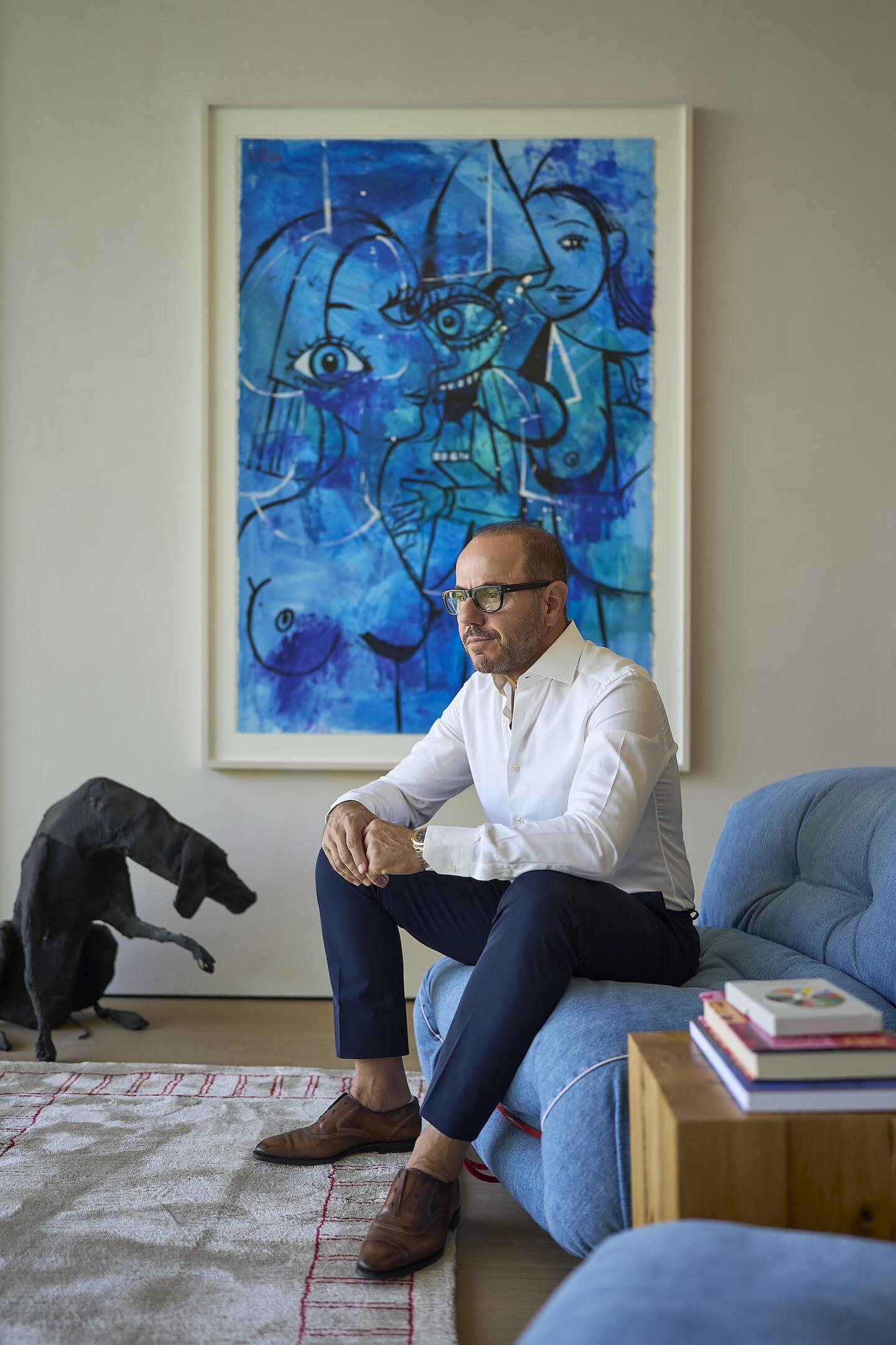 On wall: George Condo, Blues Drawing, 2021. Acrylic, gesso, ink and wax crayon on paper, 151.7 x 106 cm​​​​​​