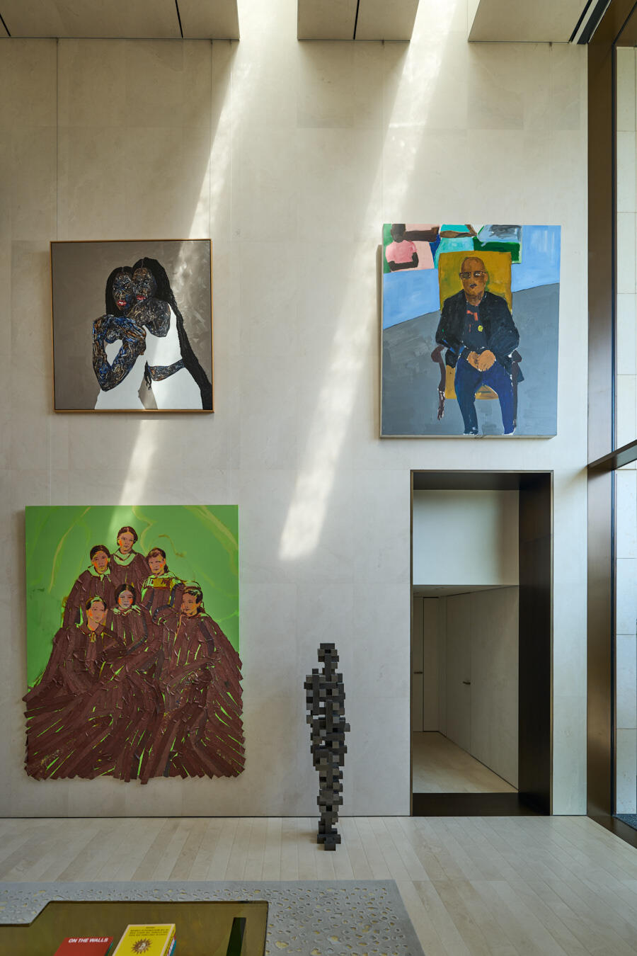 Clockwise from top left: Amoako Boafo, Untitled, 2023. Oil on canvas, 170 x 170 cm.  Henry Taylor, Portrait of Glenn Ligon, 2019. Acrylic on canvas, 213.4 x 182.9 cm. Antony Gormley, Gird II, 2014. Mild steel bar, 186 x 44 x 48 cm. Claire Tabouret, Monument (bronze), 2019. Acrylic and fabric on canvas, 290 x 235 cm