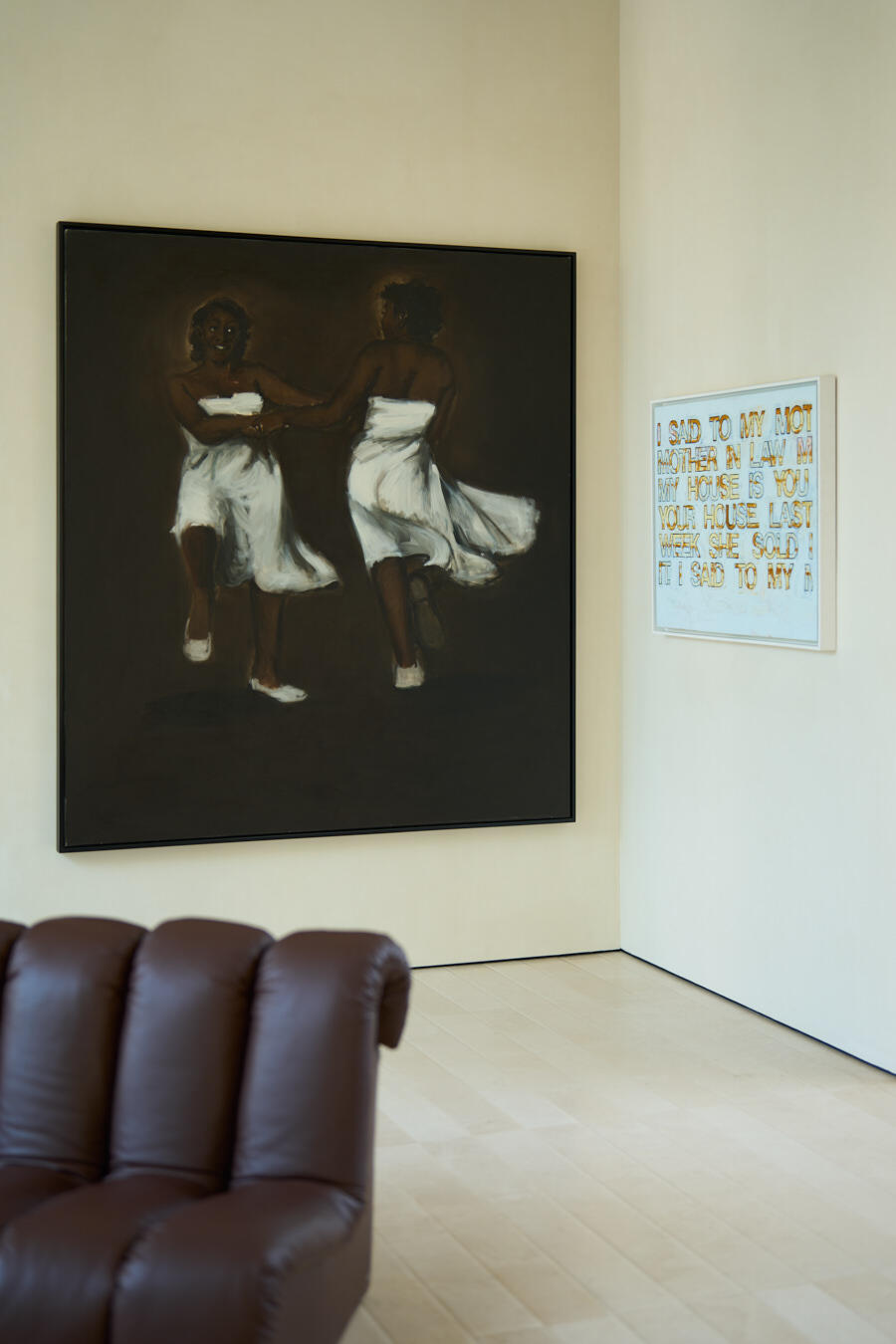 Left on the image: Lynette Yiadom-Boakye  Shoot the Desperate, Hug the Needy, 2010 Oil on canvas 180.1 x 195.1 x 3.8 cm. | 70.9 x 78.8 x 1.5 in. Jack Shainman Gallery  Right side of the image:RICHARD PRINCE My Mother In-Law, 2005. Acrylic and paper collage on canvas 76 x 101.5 cm.