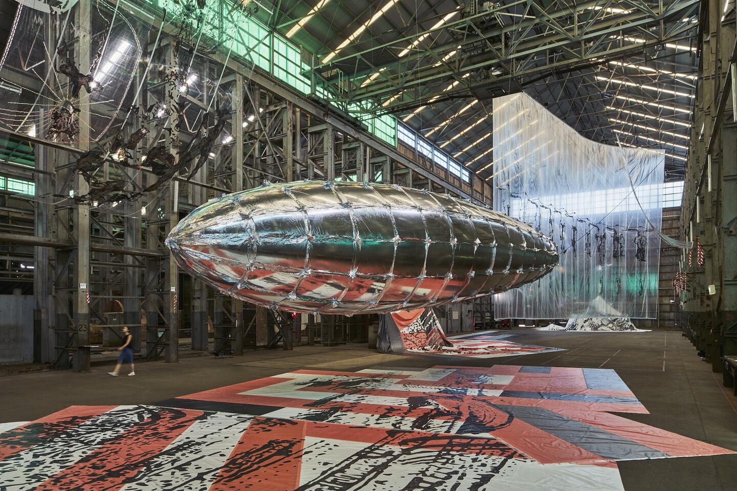 Willing To Be Vulnerable, 2015-2016. Heavy-duty fabric, metalized film, transparent film, polyurethane ink, fog machine, LED lighting, electronic wiring, dimensions variable. Installation view of ‘The future is already here—it’s just not very evenly distributed’, the 20th Biennale of Sydney, 2016
