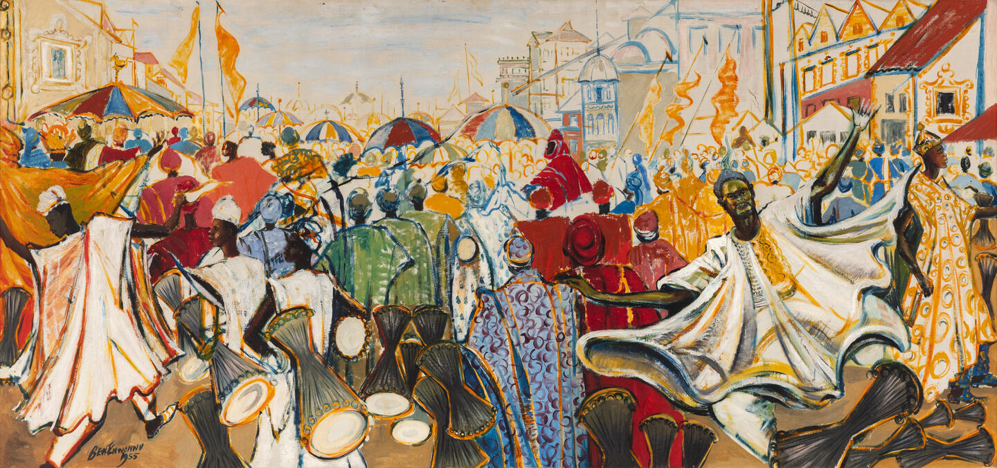 painting by Ben Enwonwu, depicting a crowd 