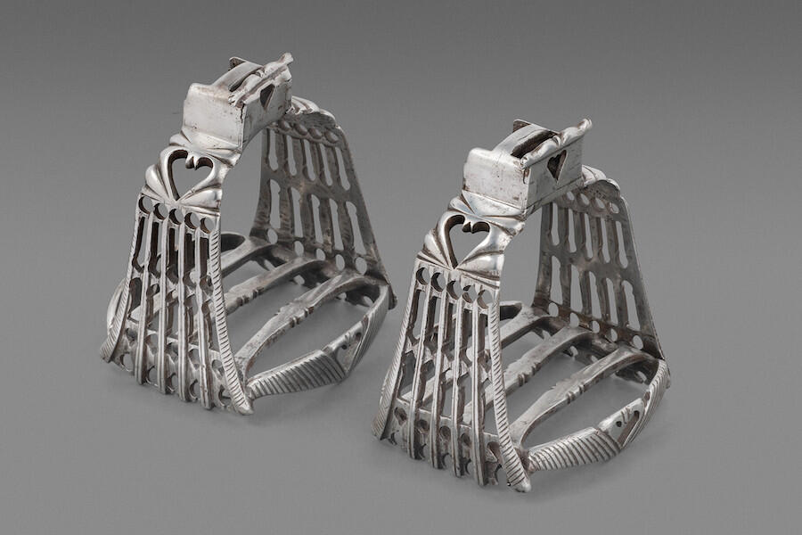 A Pair of Spanish Habsburg Knightly Stirrups, Spain, 16th–17th century. Steel, 14 × 12 cm. Courtesy: Peter Finer