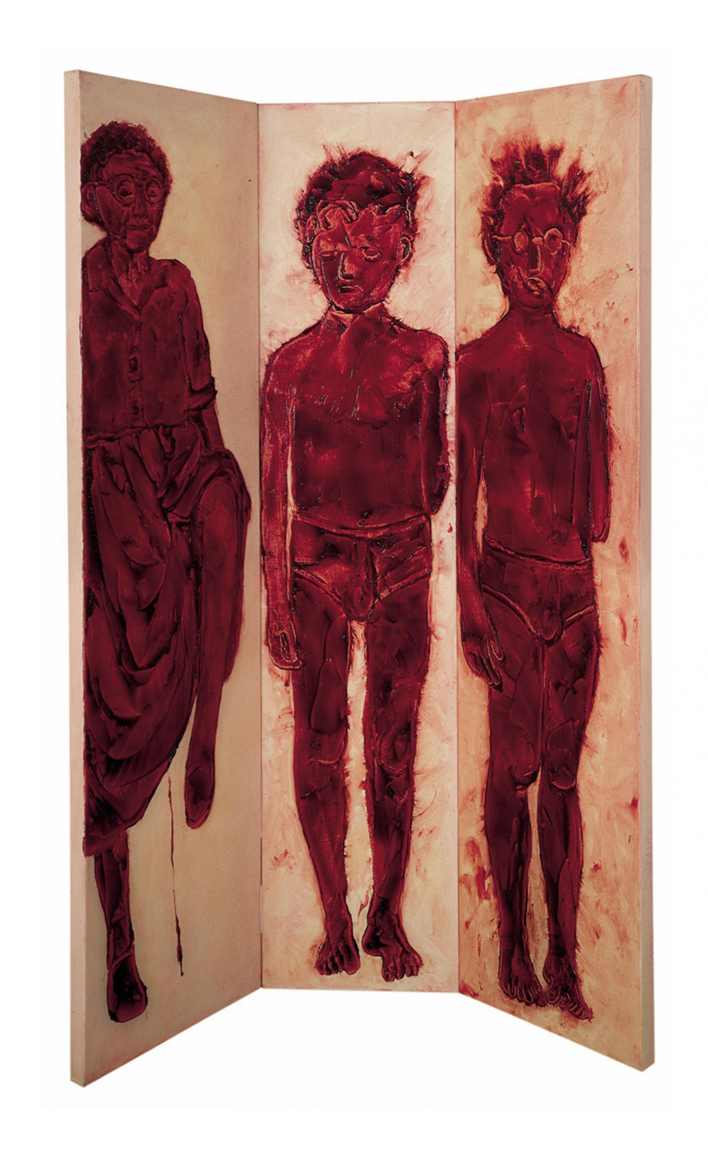 Ida Applebroog, Marginalia (trio), 1995, oil and resin gel on canvas, 3 panels, installation size variable. Courtesy: © Ida Applebroog and Hauser & Wirth; photograph: Emily Poole