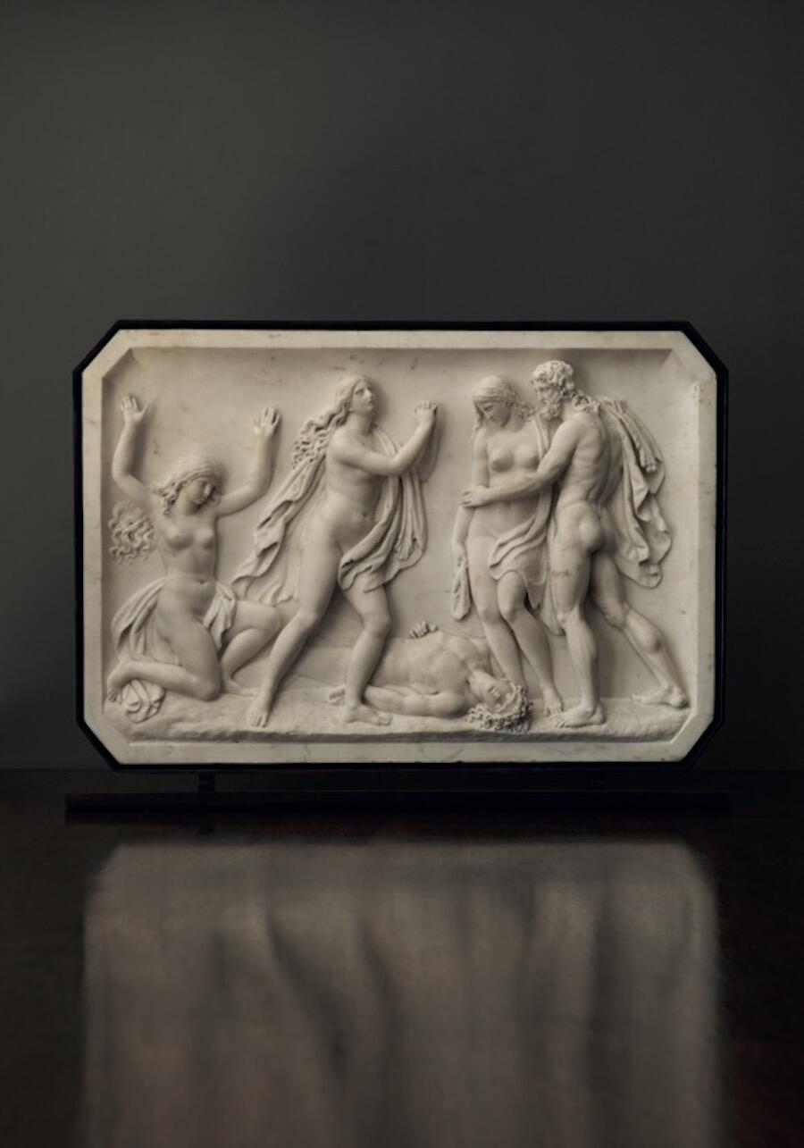 German or French artist active in Rome, Adam and Eve Lamenting the Death of Abel, c.1800-1840, Marble, 83 x 56 cm, £95,000, Courtesy of Lullo Pampoulides.