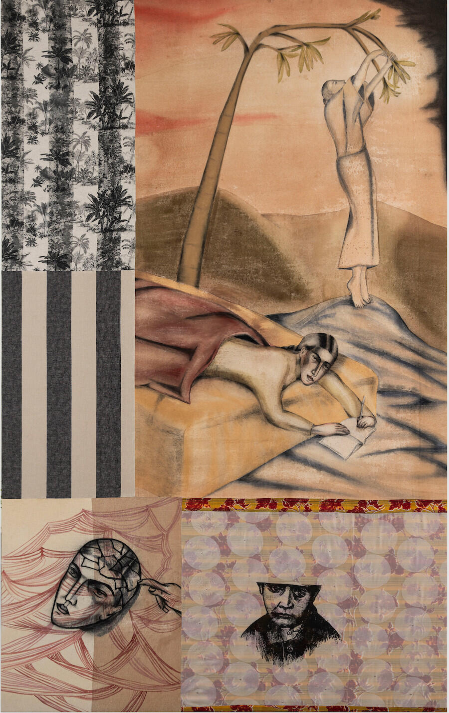 Anju Dodiya, Orchard Notes, 2025  Watercolour, charcoal and soft pastel on fabric stretched on board, 2.4 × 1.5 m. Presented by Vadehra Art Gallery