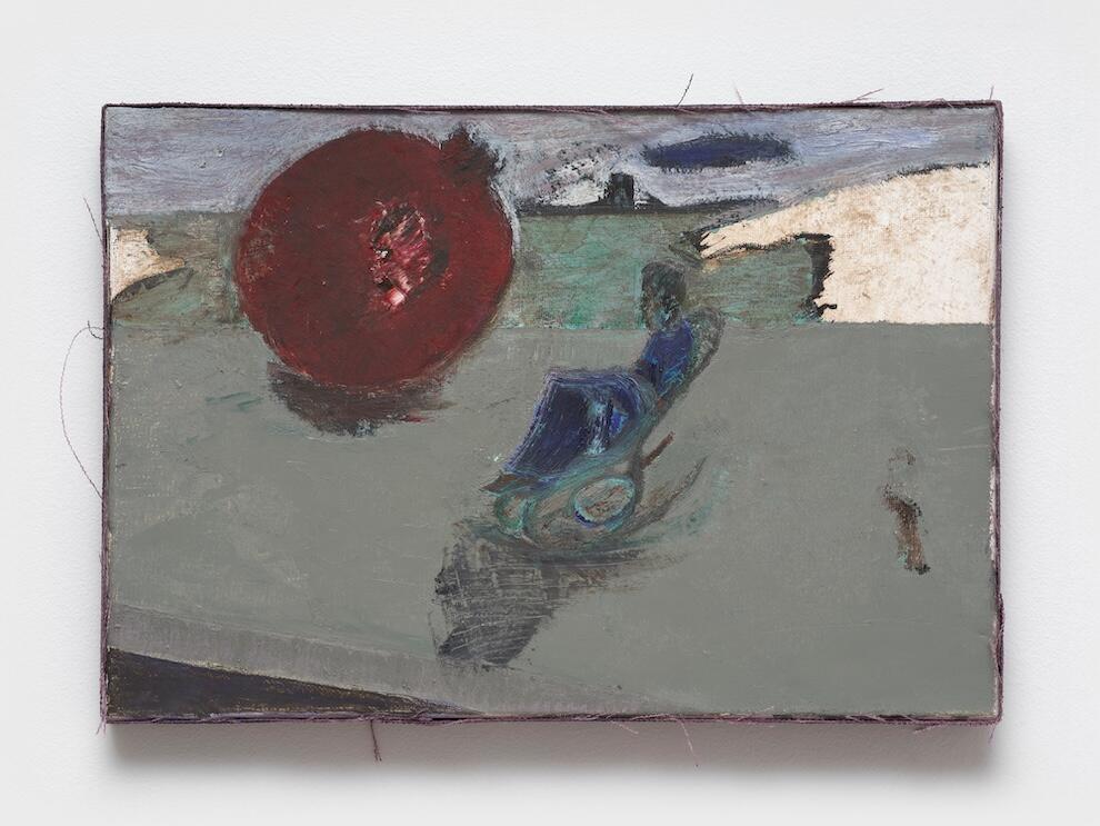 Abstract landscape painting - grey blue ground with red orb and sense of figure