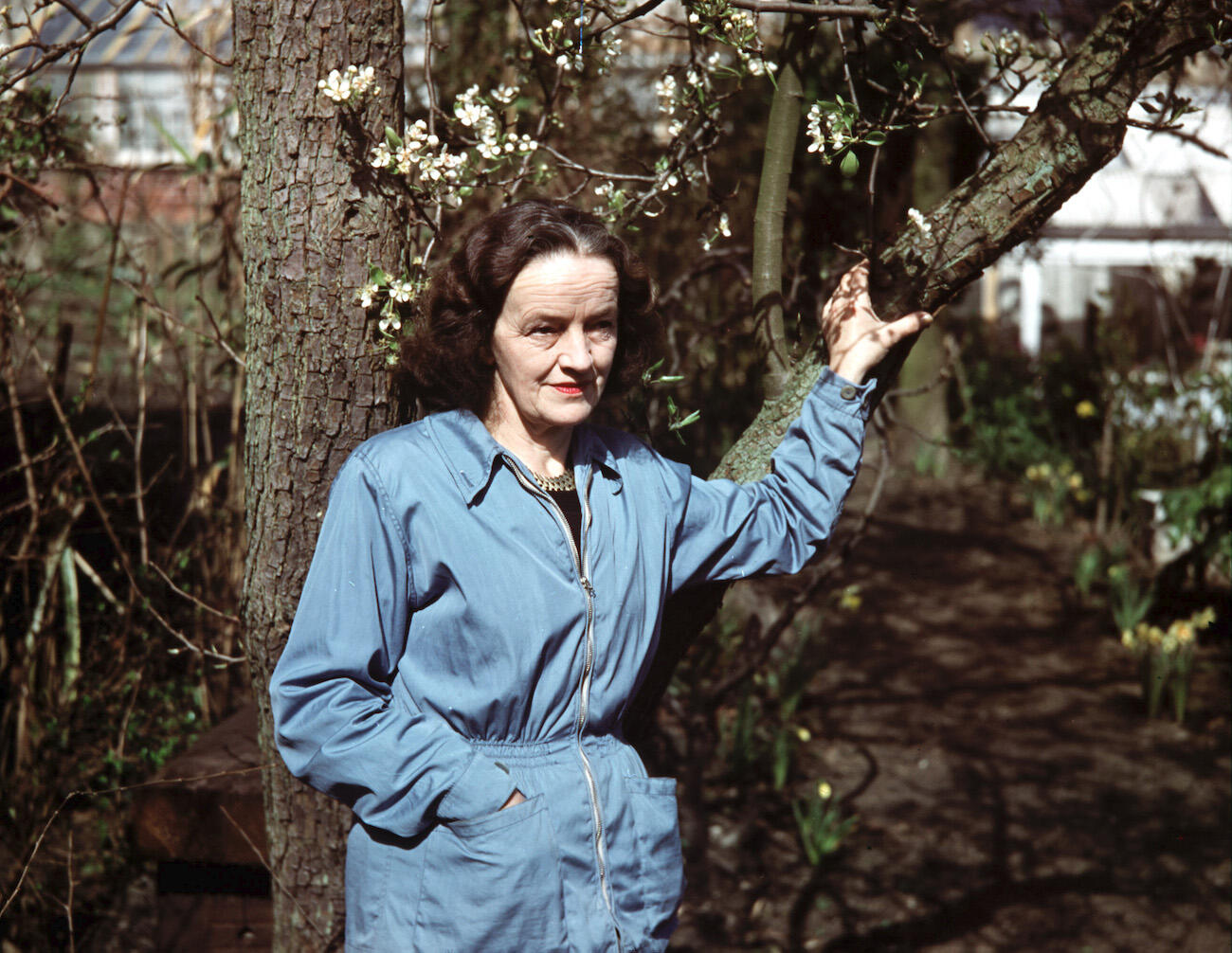 Barbara Hepworth in work jumpsuit standing next to a tree