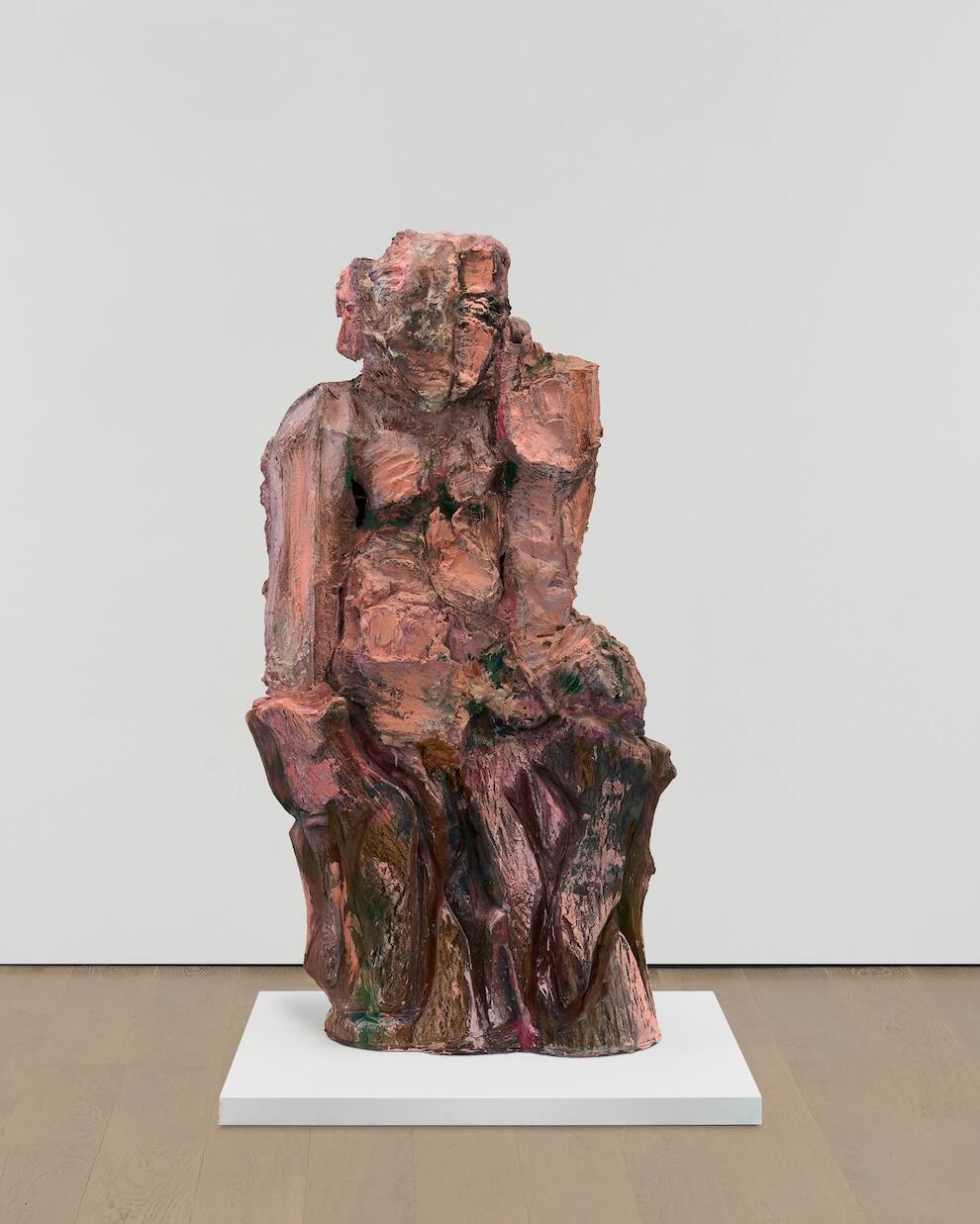 Plaster sculpture on wooden plinth, painted pink
