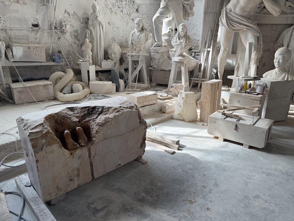 Dorothy Cross's studio with marble objects and tools