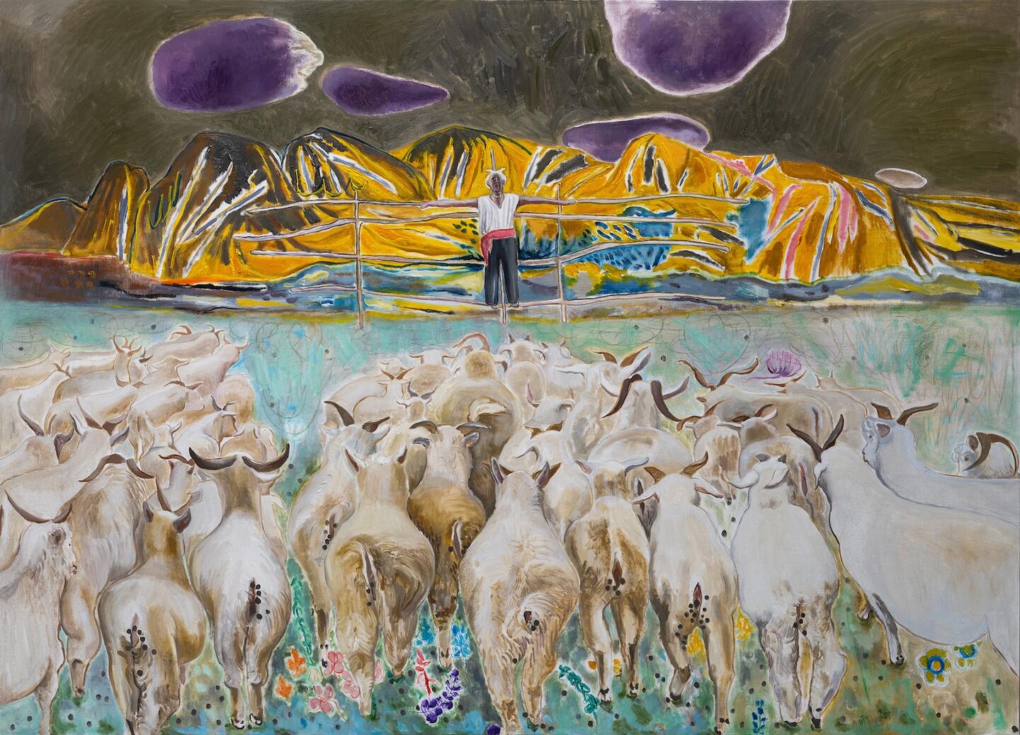 Duan Jianyu, Yuqido (The Fisherman and The Woodcutter) No.7-1, 2024.* Oil, acrylic, oilbased marker, oil pastel and pencil on canvas. Courtesy: the artist and Vitamin Creative Space.