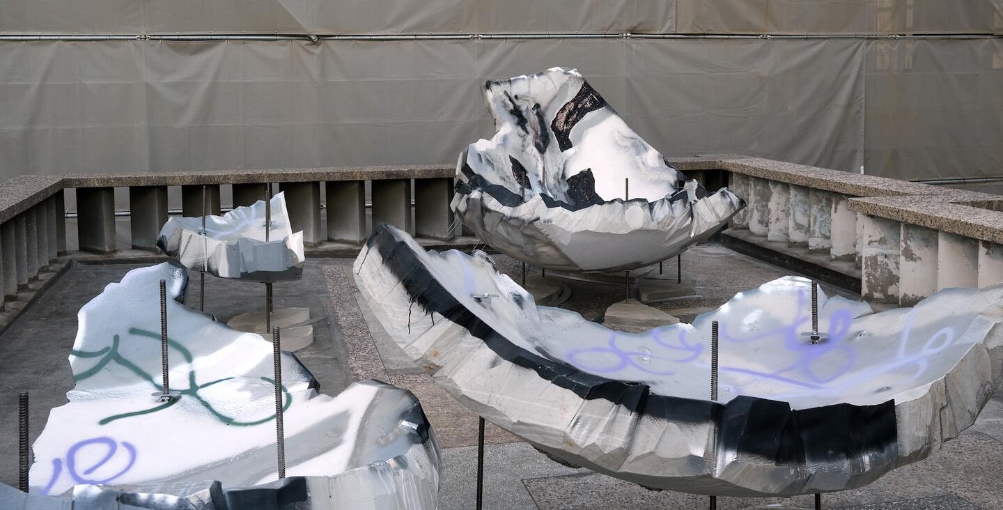 Installation view, Busan Biennale 2024. Eugene Jung, Fortune Earth, 2022. Polystyrene foam, stainless steel pipes, spray paint, epoxy putty, and cement, dimensions variable. Courtesy: the artist and Busan Biennale
