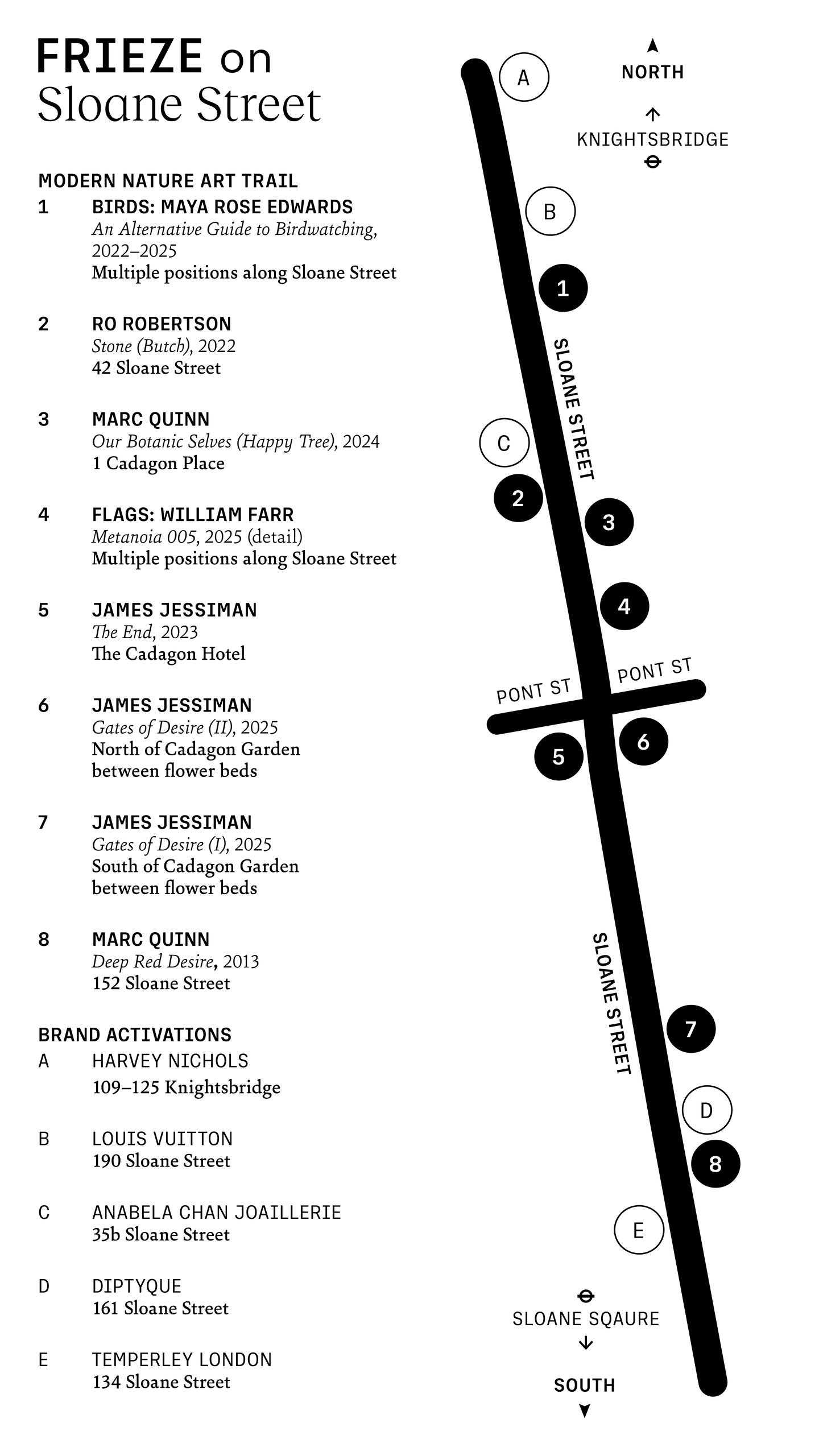 A black and white map of the layout of sculptures on the Modern Nature art trail.