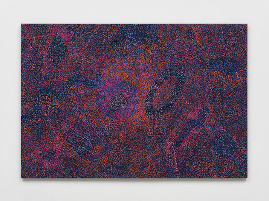 Howardena Pindell, Tesseract #21, 2024  Acrylic on canvas, 1.7 × 2.4 m. Presented by White Cube