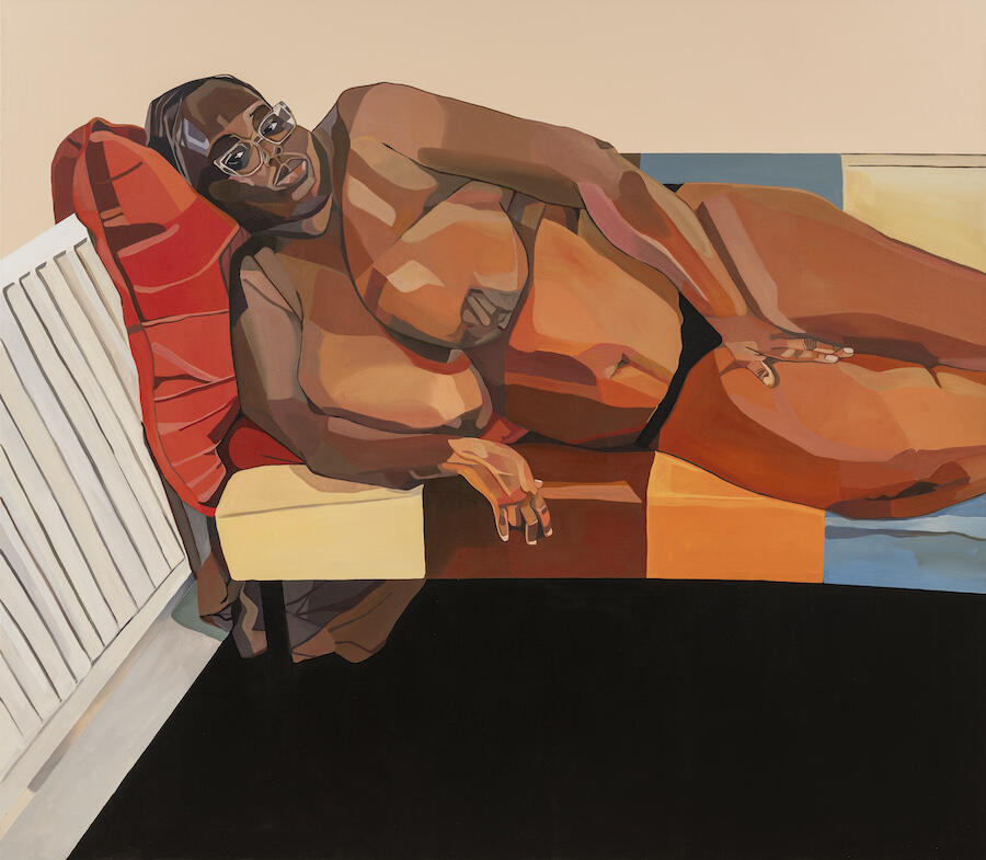 Joy Labinjo, Girl resting on patchwork sofa, 2025. Oil on canvas, 1.4 × 1.6 m. Courtesy: the Artist and Tiwani Contemporary 