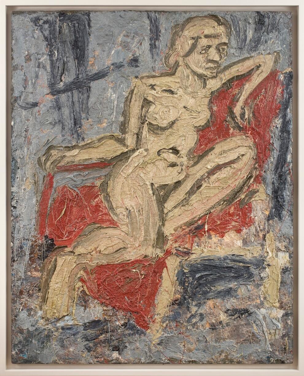 Impasto painting of a woman in a chair in muted brown colours