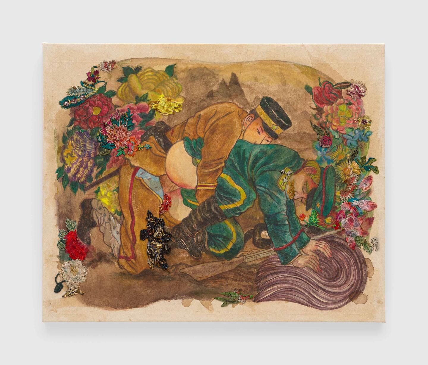 Ken Gun Min  International Affairs 1904, 2025 Oil, Korean pigment, silk embroidery thread, beads, and crystals  29 x 36 inches (73.7 x 91.4 cm)  Signed, titled, and dated verso