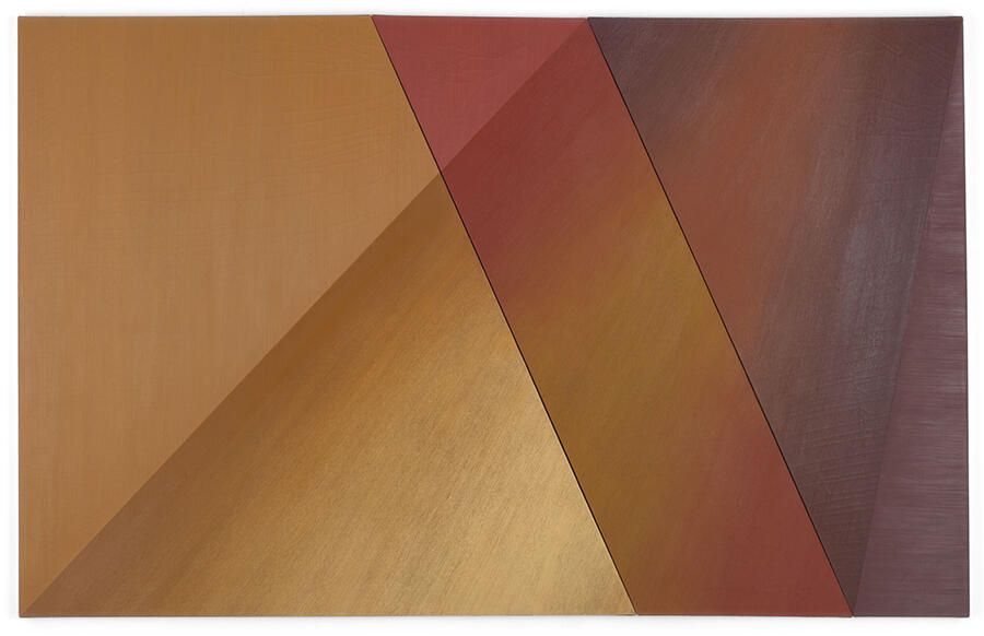 Image of Lee Lozano's Lean (1966), abstract painting in ochre and red tones