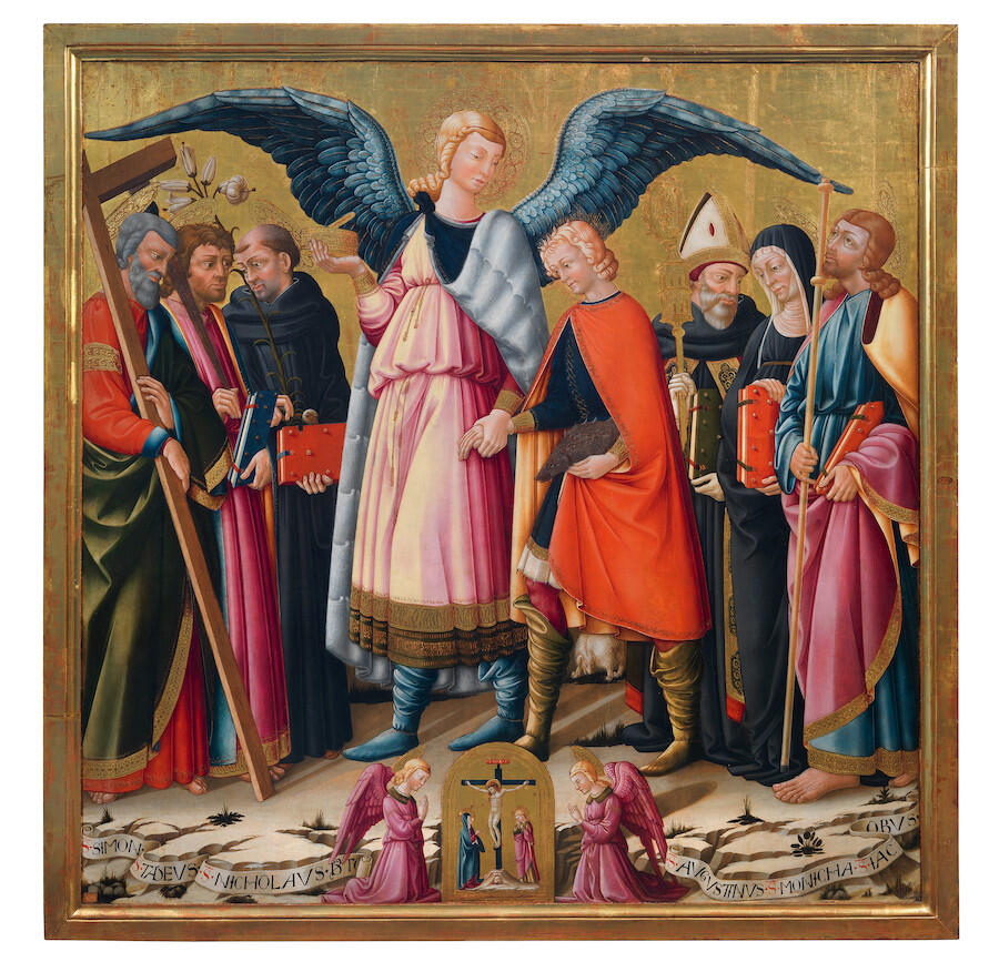 Neri di Bicci, Tobias and Archangel Raphael with Saints, 1475. Tempera with gold and silver foil on panel, 206 × 200 × 20 cm. Courtesy: Robilant+Voena
