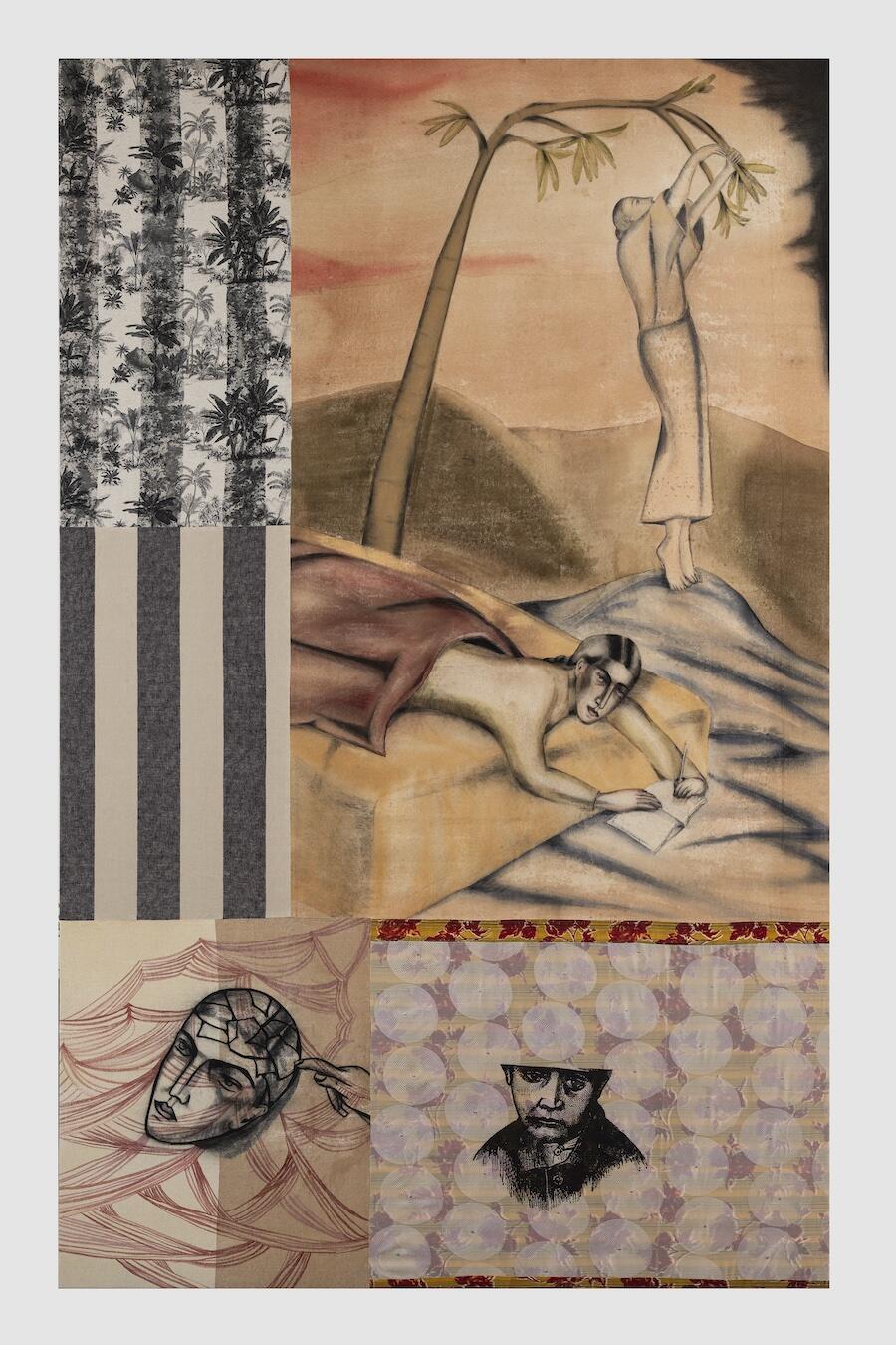 Anju Dodiya, Orchard Notes, 2025. Watercolour, charcoal and soft pastel on fabric stretched on board, 2.4 x 1.5 m. Courtesy: the artist and Vadehra Art Gallery