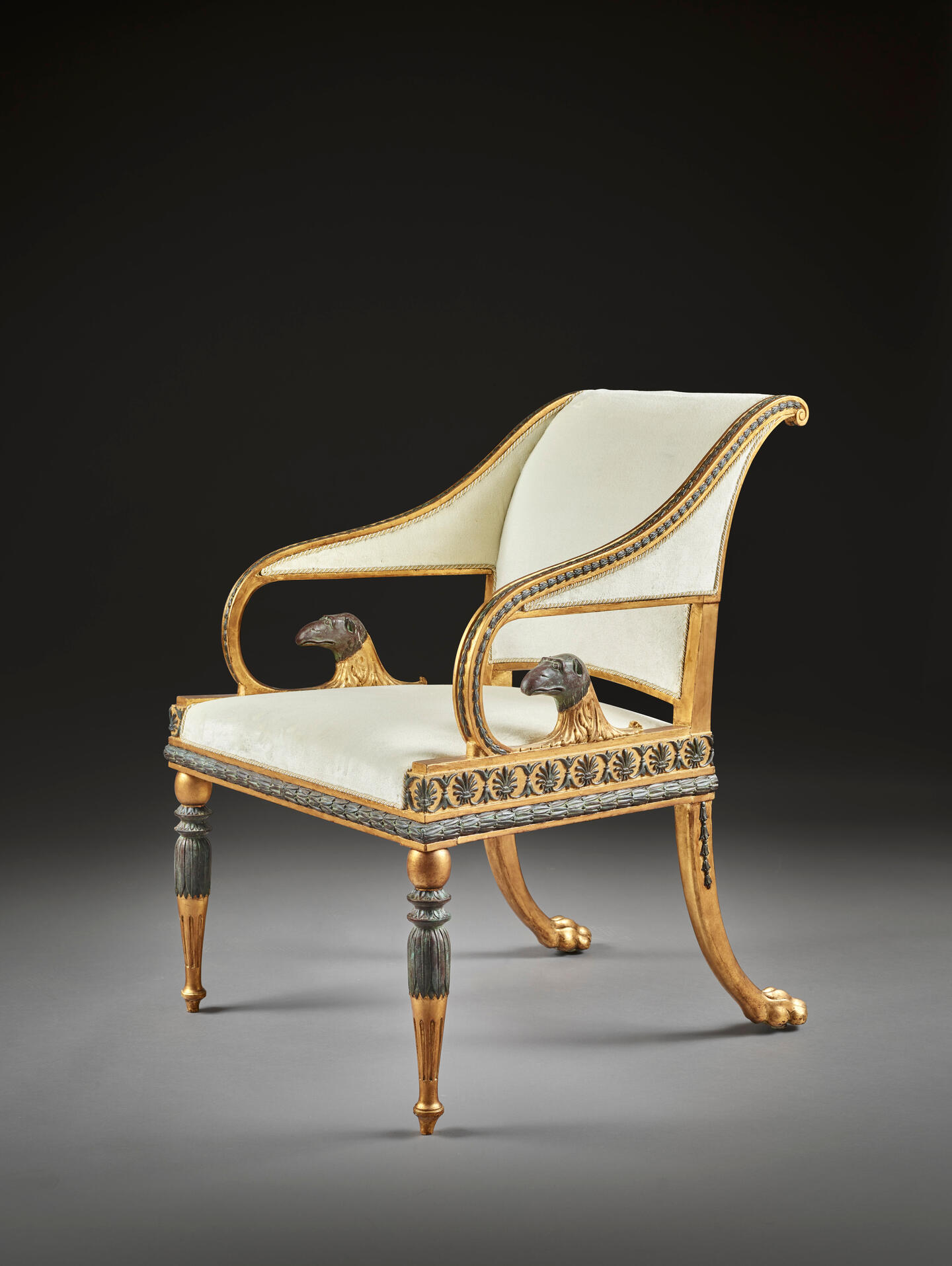 Ephraim Ståhl, Pair of Gustavian Armchairs, c.1810  Carved, gilded and bronze-lacquered wood, 84 × 65 × 67 cm. Courtesy: Galerie Léage 