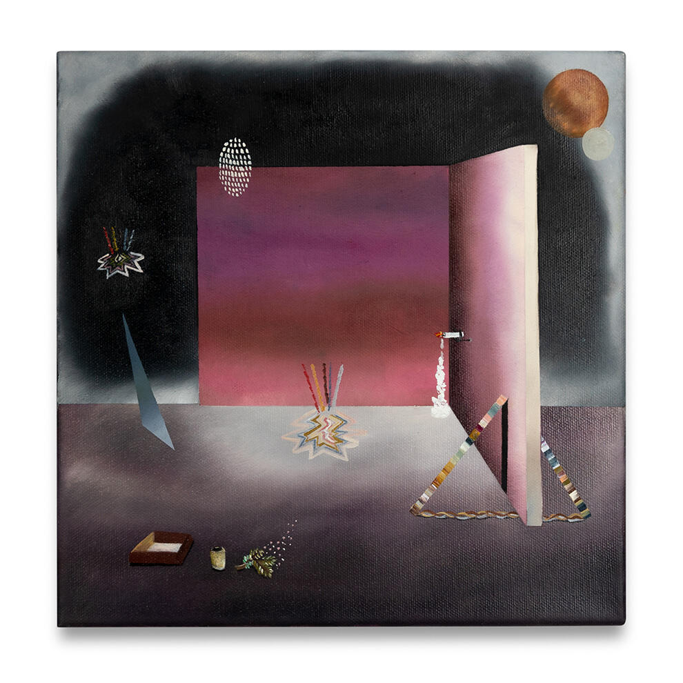 Rebecca Sharp Basics and my electric field, 2022. Surrealist painting of architectural and biomorphic forms.