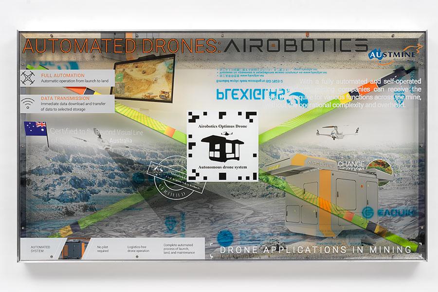 Airobotics Optimus Autonomous drone and docking station promotion screen video token 2019 Aluminum, UV print on plexiglas, fluorescent light tubes in original cardboard packaging 26.77 x 47.24 x 3.94 inches 68 x 120 x 10 cm