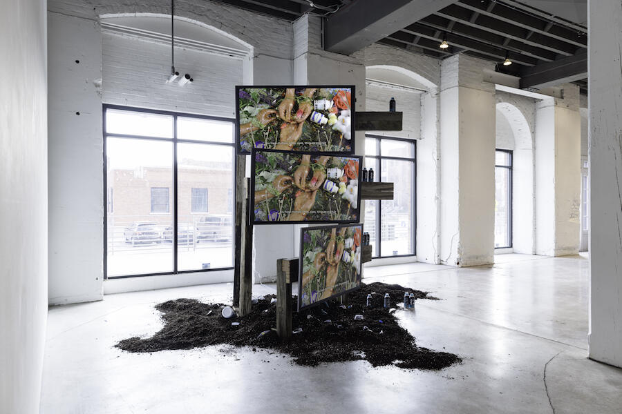 Adham Faramawy, Skin Flick, 2021, sculptural assemblage, video 13 minutes 30 seconds. Courtesy of the artist and Niru Ratnam Gallery. Photo by Colin Conces