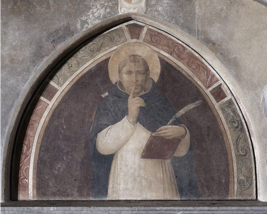 Fra Angelico, "Saint Peter Martyr Enjoins Silence," a lunette frescoed in 1442, Florence, Museum of the Convent of San Marco. 