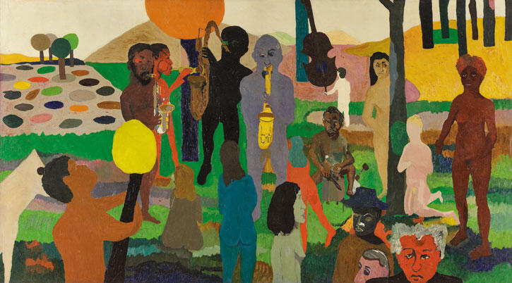 Bob Thompson, Garden of Music , 1960. Oil on canvas. 79 1/2 × 143 in. (201.9 × 363.2 cm). Wadsworth Atheneum Museum of Art, Hartford, Connecticut. The Ella Gallup Sumner and Mary Catlin Sumner Collection Fund. © Michael Rosenfeld Gallery LLC, New York. Photo: Allen Phillips / Wadsworth Atheneum