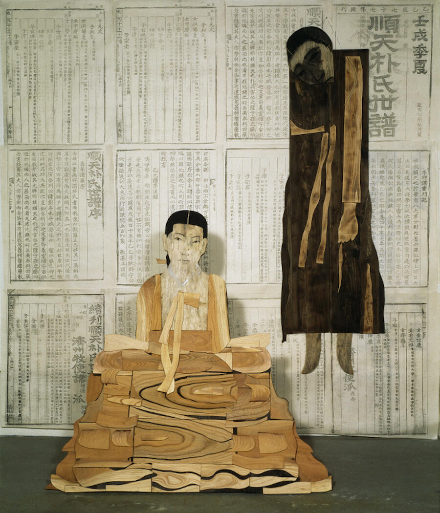 Yun Suknam, Genealogy, 1992-1993, Acrylic on wood, paper, 250x150x279cm, courtesy the Artist and Hakgojae