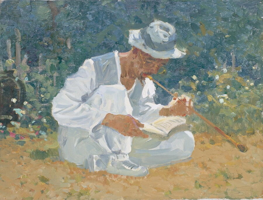 Byun Wol-ryong, Old Man Reading While Holding a Tobacco Pipe, 1987, Oil on canvas, 4559.5cm, courtesy the Artist and Hakgojae Gallery