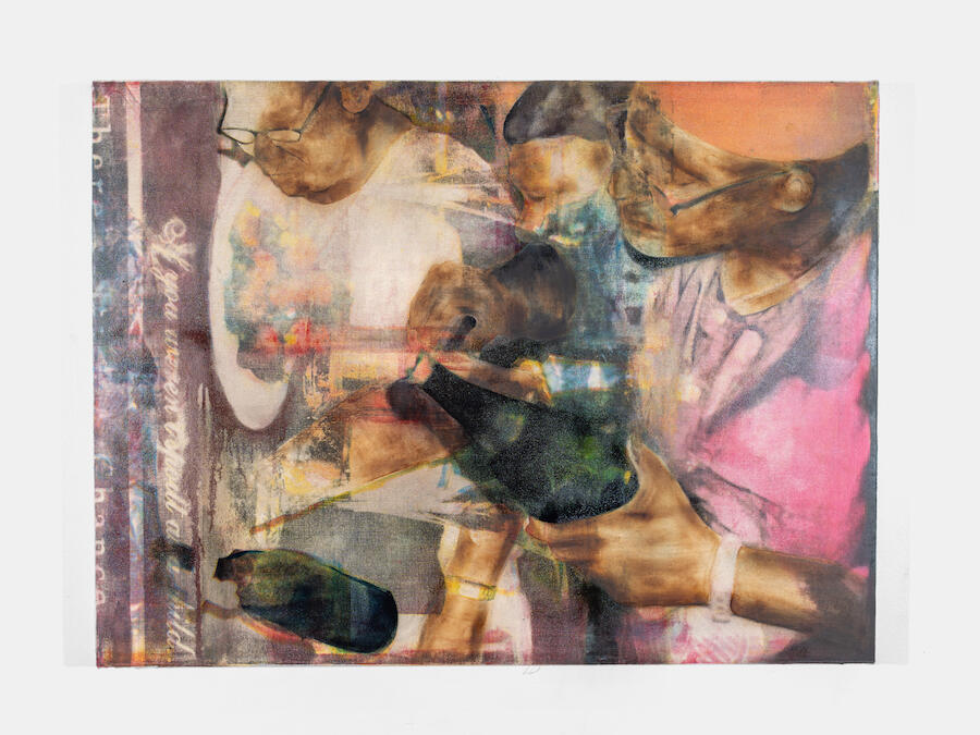 Africanus Okokon, Puce Moment, 2025. Burn marks, oil, silkscreen ink on canvas stretched over panel, 76 × 102 cm. Courtesy: the Artist and OCHI. Photo: Scott Alario