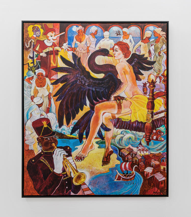 An oil painting of a large dark swan with wings outstretched about to kiss a 20s-era white woman with an assorted cast of characters around