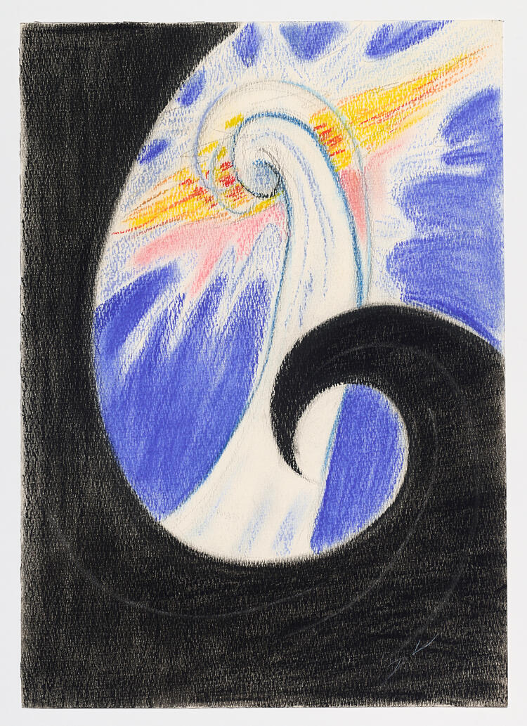 An abstract pencil drawing of a black cresting wave at the foreground in front of a sparkling light wave in the back