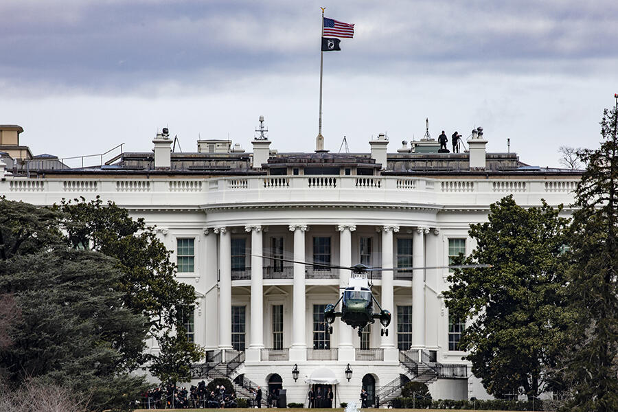 Donald Trump departs the White House in Marine One 2020