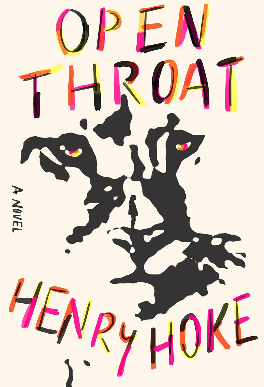 A book cover: Open Throat, by Henry Hoke. An illustration of a lion, with a little girl standing at the center of it. 