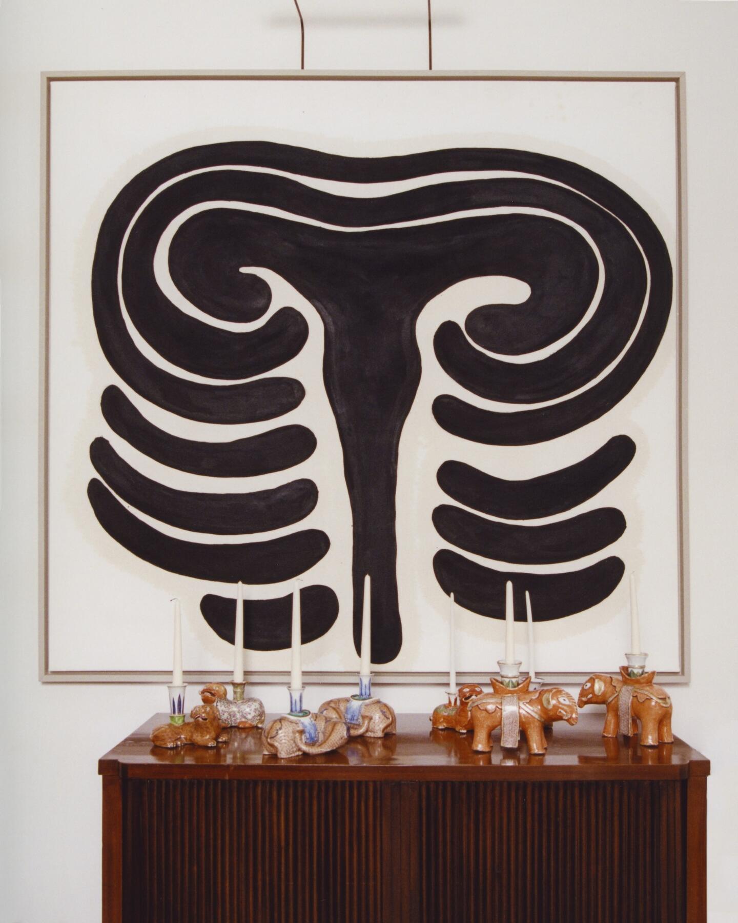 Solange Pessoa, Untitled, 2008, oil on canvas 160 x 160cm. Ming dynasty candleholders