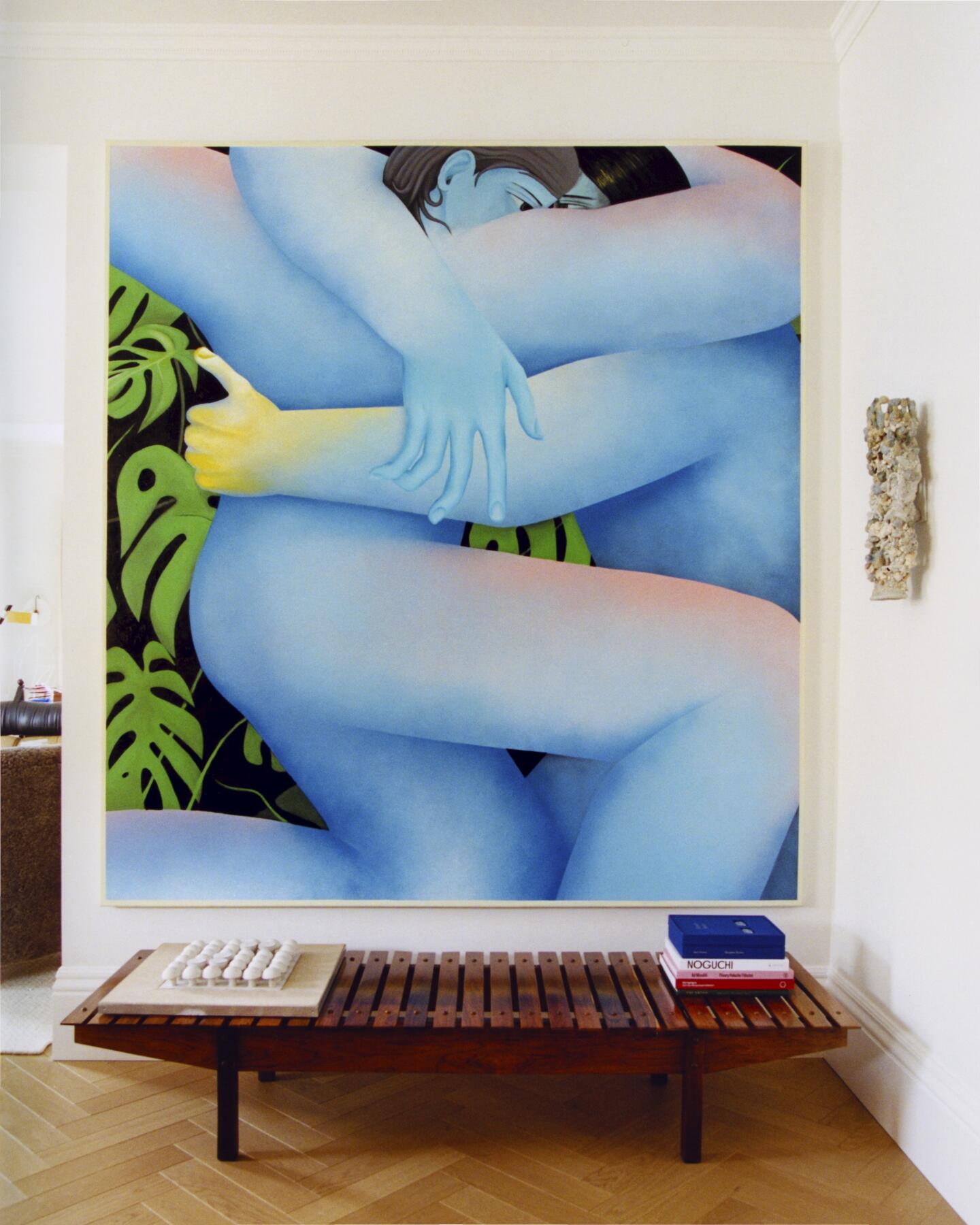 Tension Vojtech Kovarik 2021 Acrylic on Canvas 220 x 200 cm  Ceramic work on bench: László Borsódy Otherwise 1973 Patterned fireclay, matt white glazed wall relief 30 x 30 x 6cm. Rosewood bench by Sergio Rodrigues c.1958 Jacaranda, jacaranda veneered wood 60 x 180 x 34cm