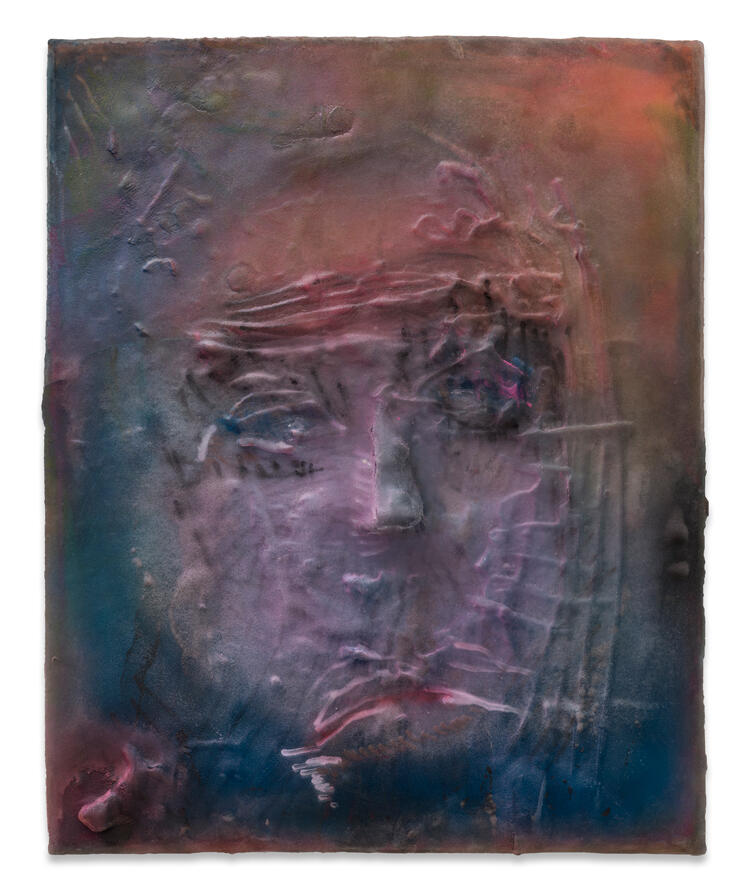 A tortured image of a hazy and high-relief woman's face with a melancholy expression in purples, oranges, and blues