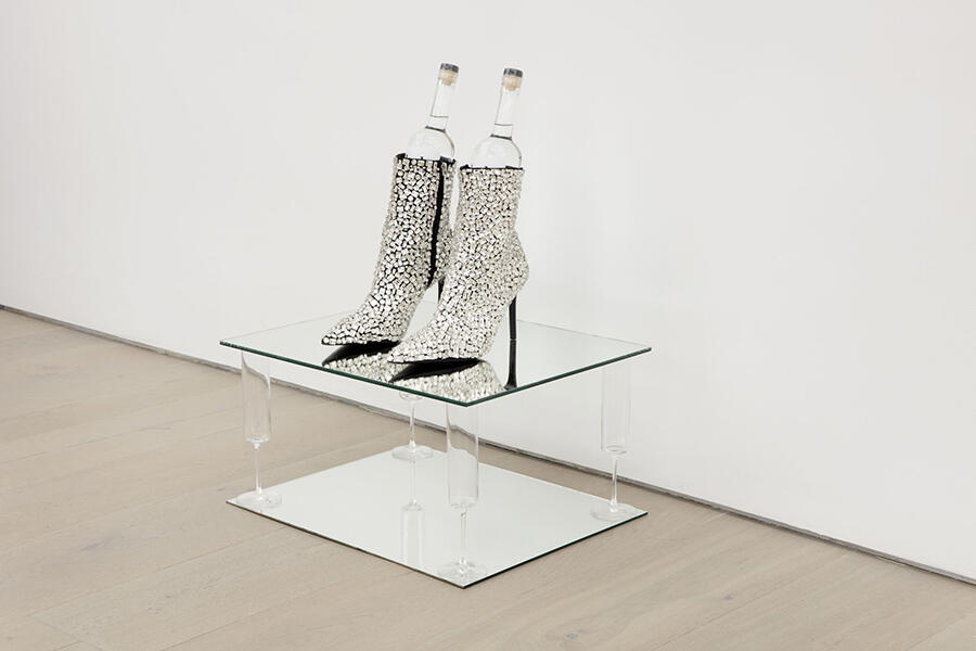 Kayode Ojo, Walk Two Moons (Perrotin, New York), 2022, ZARA Crystal Heeled Boots Special Edition, Blank Farm Vodka 750ml Bottles, Crate&Barrel Edge Champagne Glasses, mirror, 16 x 20 x 23.5 in (40.5 x 51 x 60 cm)