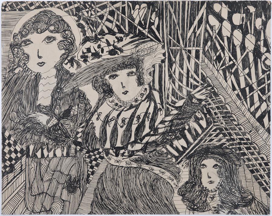 Madge Gill, Untitled, c.1950. Ink on card, 39 × 49 cm. Courtesy: Franklin Parrasch Gallery