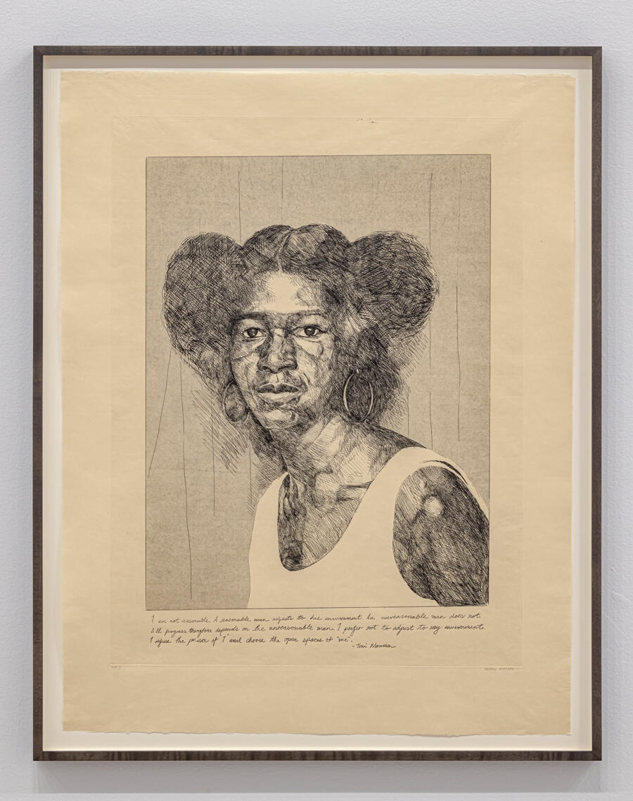 An etching of a black woman with a Toni Morrison quote handwritten below