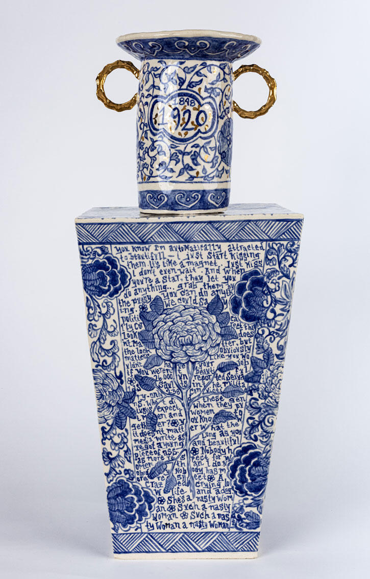 Elyse Pignolet, Declaration of Rights and Sentiments (Trump), 2020 Two-piece stacked ceramic vase with glazes and gold luster 29 x 11 x 11.5 inches Signed and dated on bottom. Inv. #12740