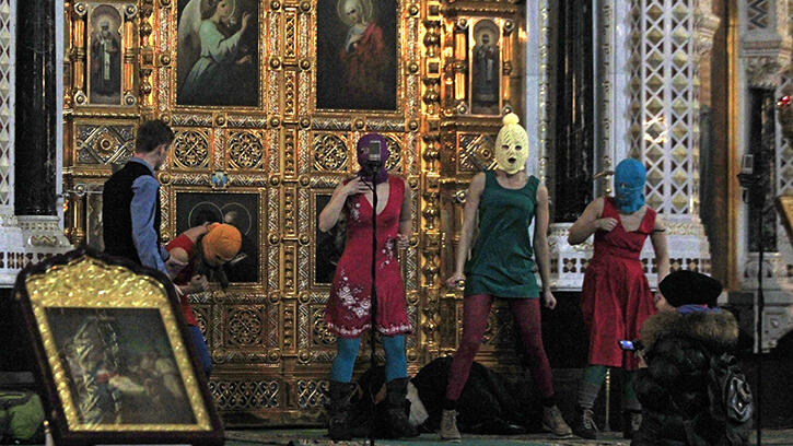 Pussy Riot performing their punk sermon in Moscow's Cathedral of Christ the Saviour on 21 February 2012