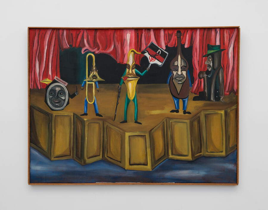 Five instruments standing on a stage with anthropomorphic faces and limbs