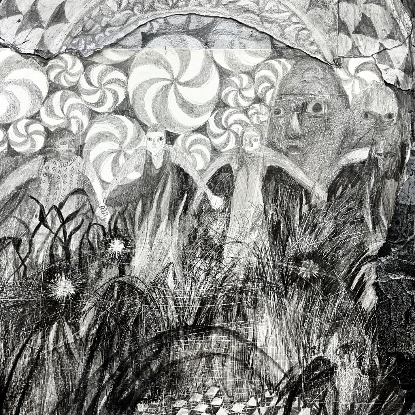 The Uncaught Hand, 2024, 71x74cm, 종이에 흑연 및 혼합재료, 콜라주 Graphite, mixed media on paper, collage