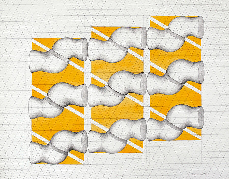 Mary Ann Unger, Untitled (Study for Hexagonal Quintet), 1978. Watercolor and pencil on paper. 20 1⁄2 x 26 3⁄4 inches. Mary Ann Unger Estate